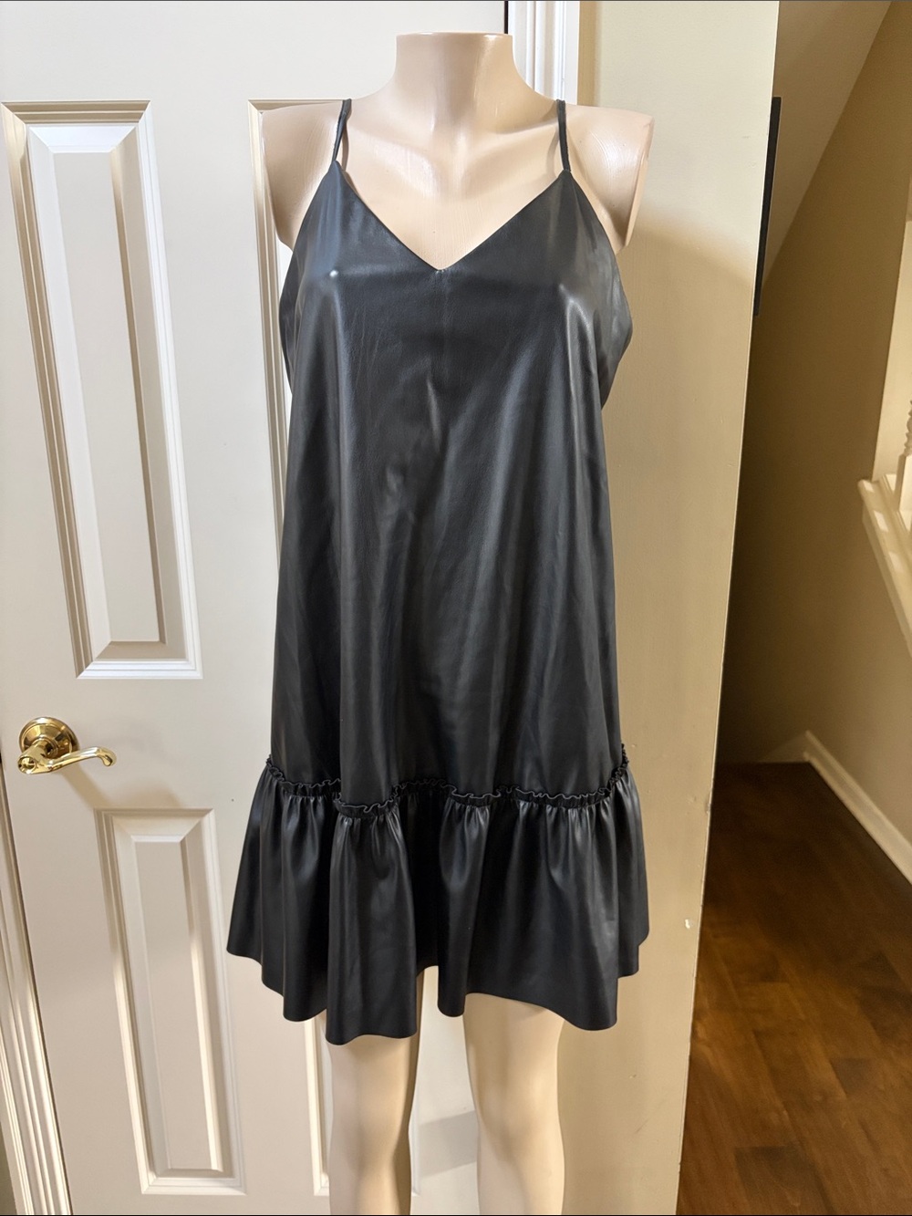 NWT Express Black Faux Leather Dress with Ruffle Hem, large
